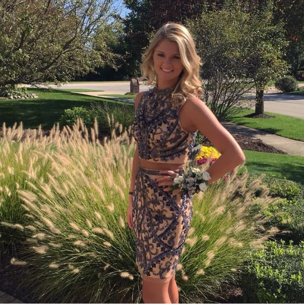 Sherri Hill Nude and Gunmetal Embroidered Gown